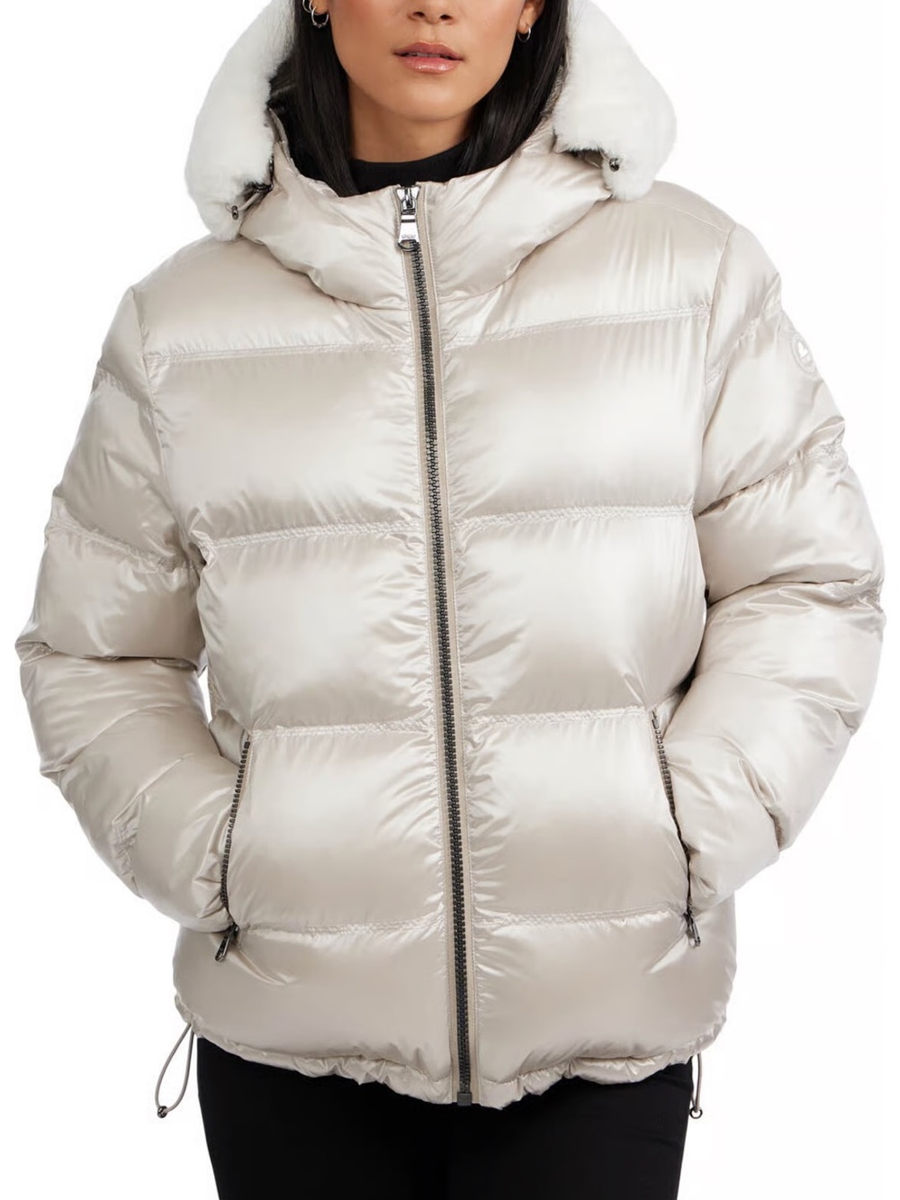 Pajar Mavis Channel Quilted Short Puffer Jacket with Faux Rabbit Fur Hood sz M